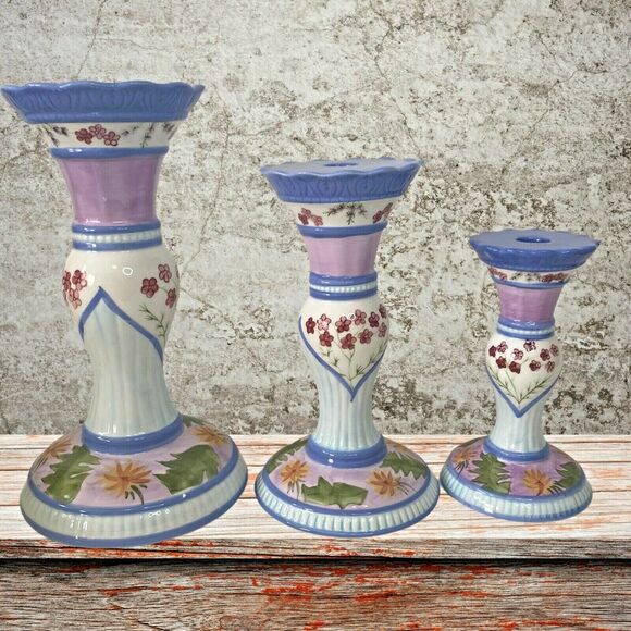 Capriware 3-Piece Pillar Candleholder Set Blue Purple Floral Hand Painted VTG - Picture 6 of 12